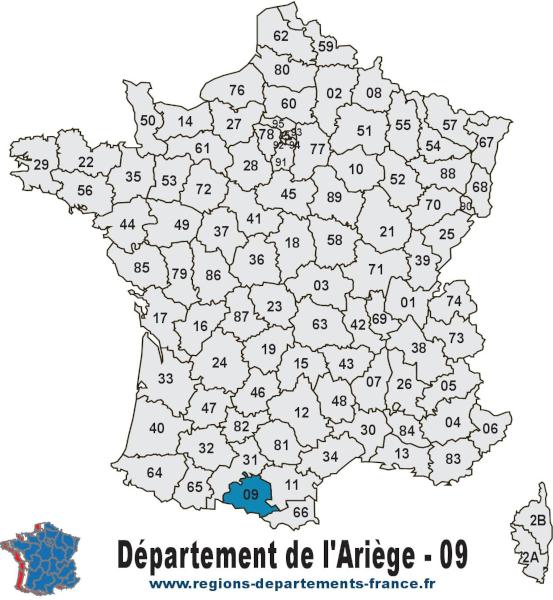 Carte de France et département de l'Ariège (09).