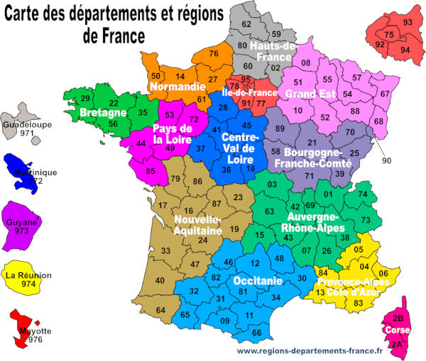 Carte de France avec numéros de départements et régions.
