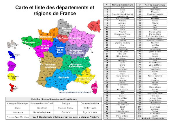 Liste et carte des régions et départements français - 2024.