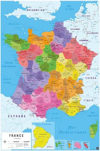 Poster de la France avec les départements, les régions et les DOM