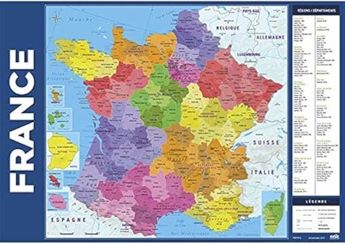Sous-main pour bureau représentant la carte de France avec les régions et les départements