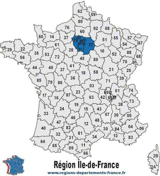 Carte des 8 départements de la région Île-de-France (IDF) avec leurs numéros.