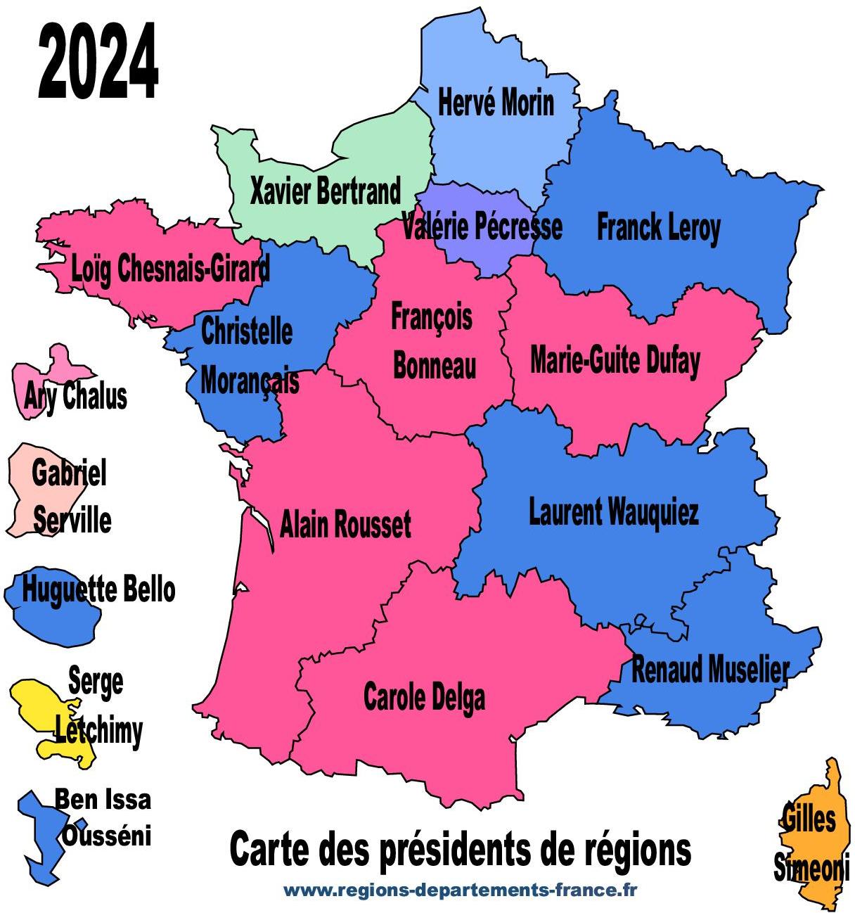 Carte de France des présidents de région - 2024
